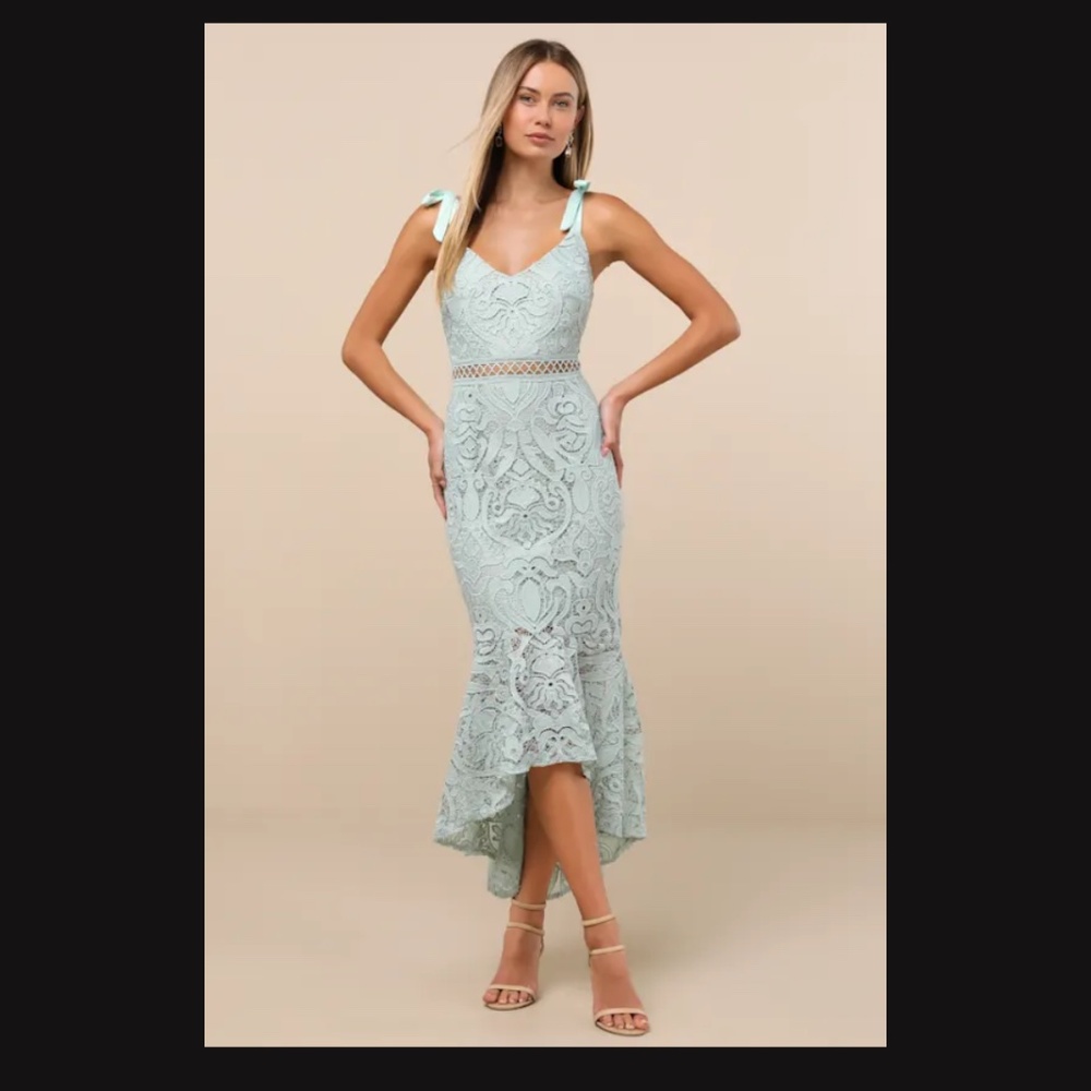Lulus Won Your Heart Sage Green Lace Tie-strap High-low Midi Dress - Size L